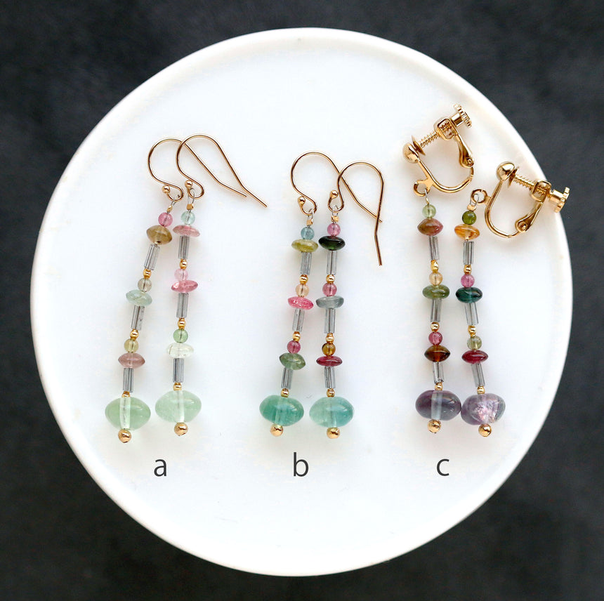 トルマリンとフローライトのレトロ秋色ピアス/イヤリング