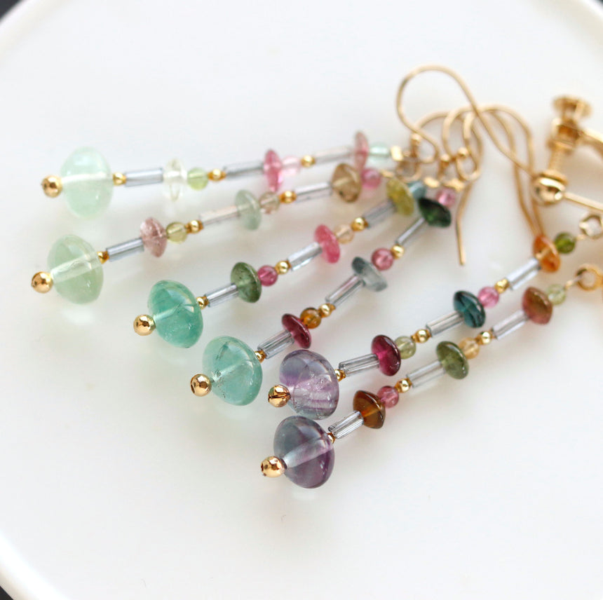 トルマリンとフローライトのレトロ秋色ピアス/イヤリング